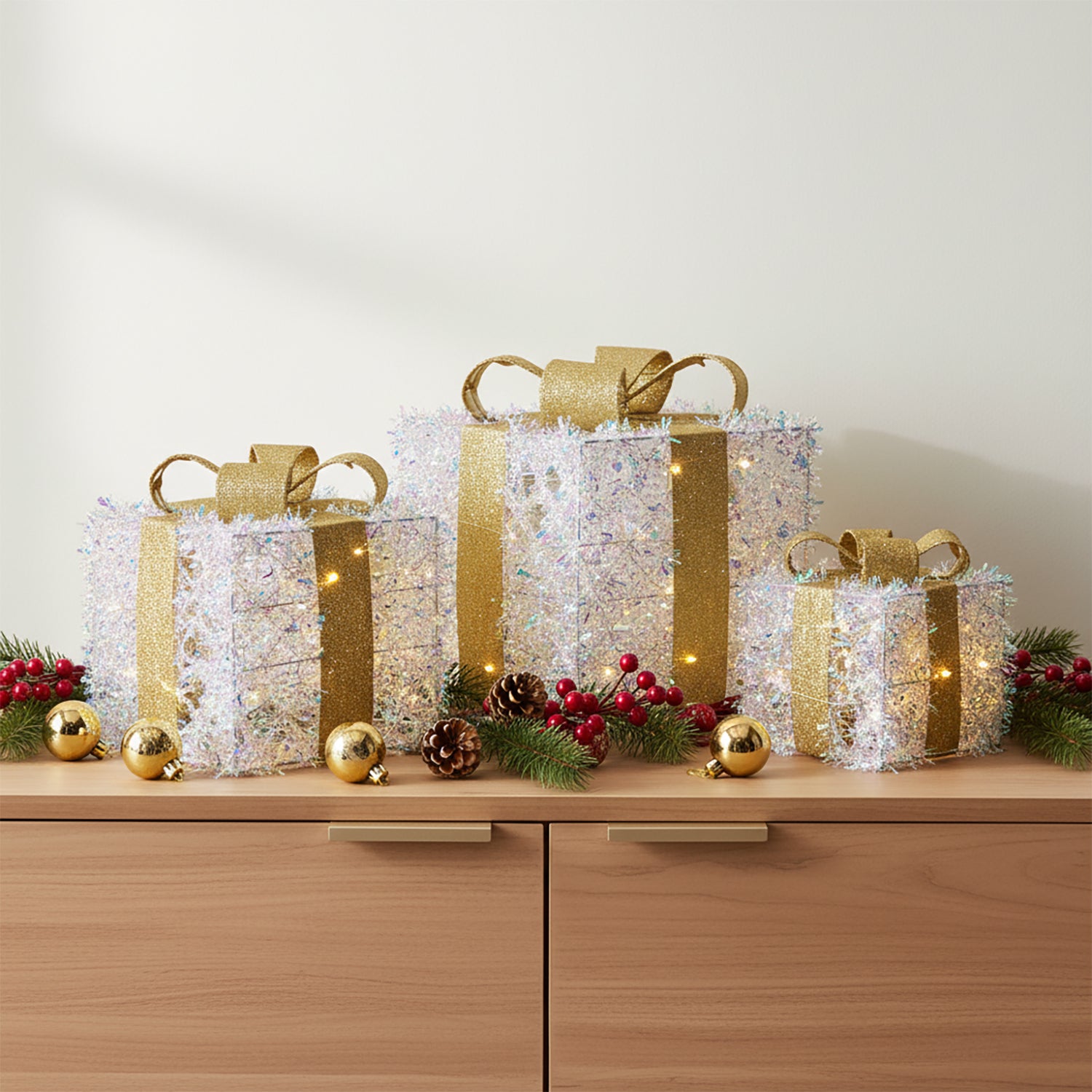 DICTROLUX - Set Pacchi Regalo Luminosi Oro 60 LED Bianco Caldo